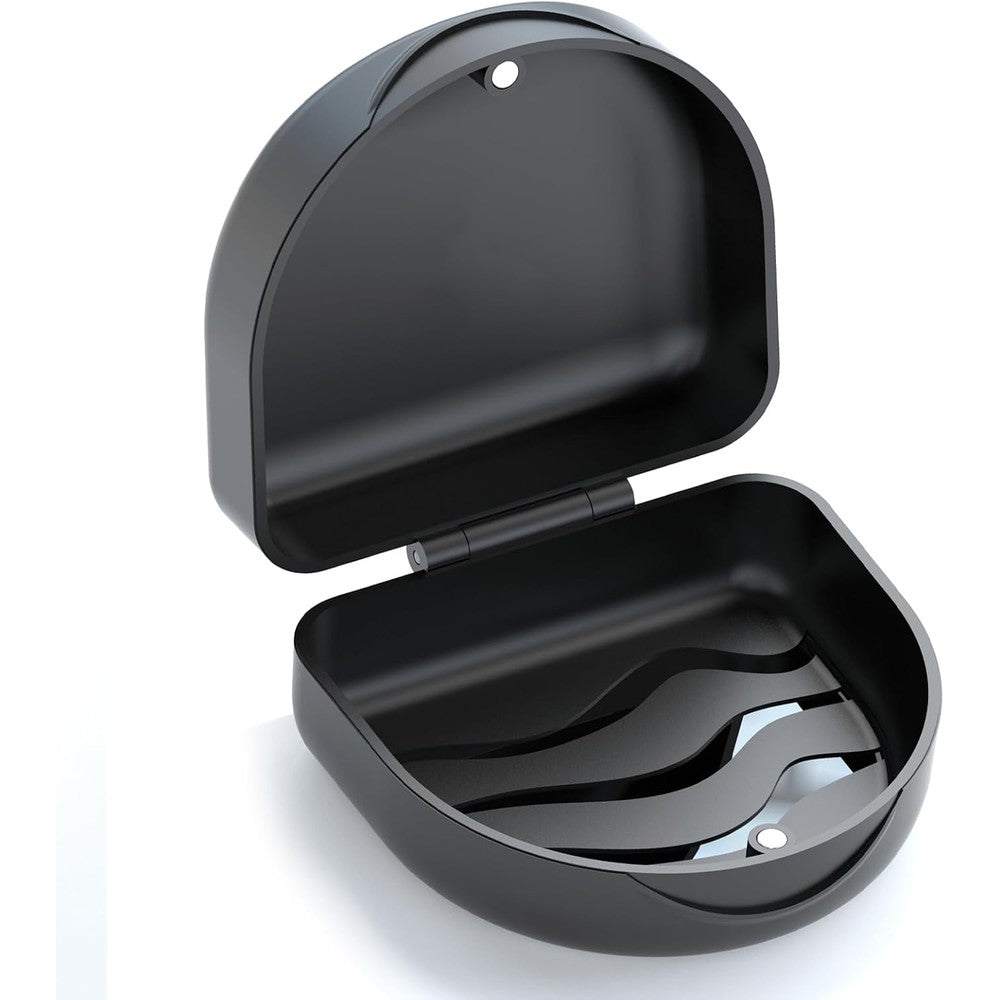 BVN orthodontic retainer case in black front view showing sleek compact design