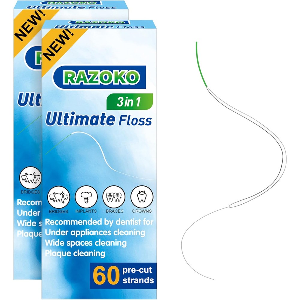 RAZOKO 3-in-1 floss for braces front packaging view showing orthodontic dental care strands
