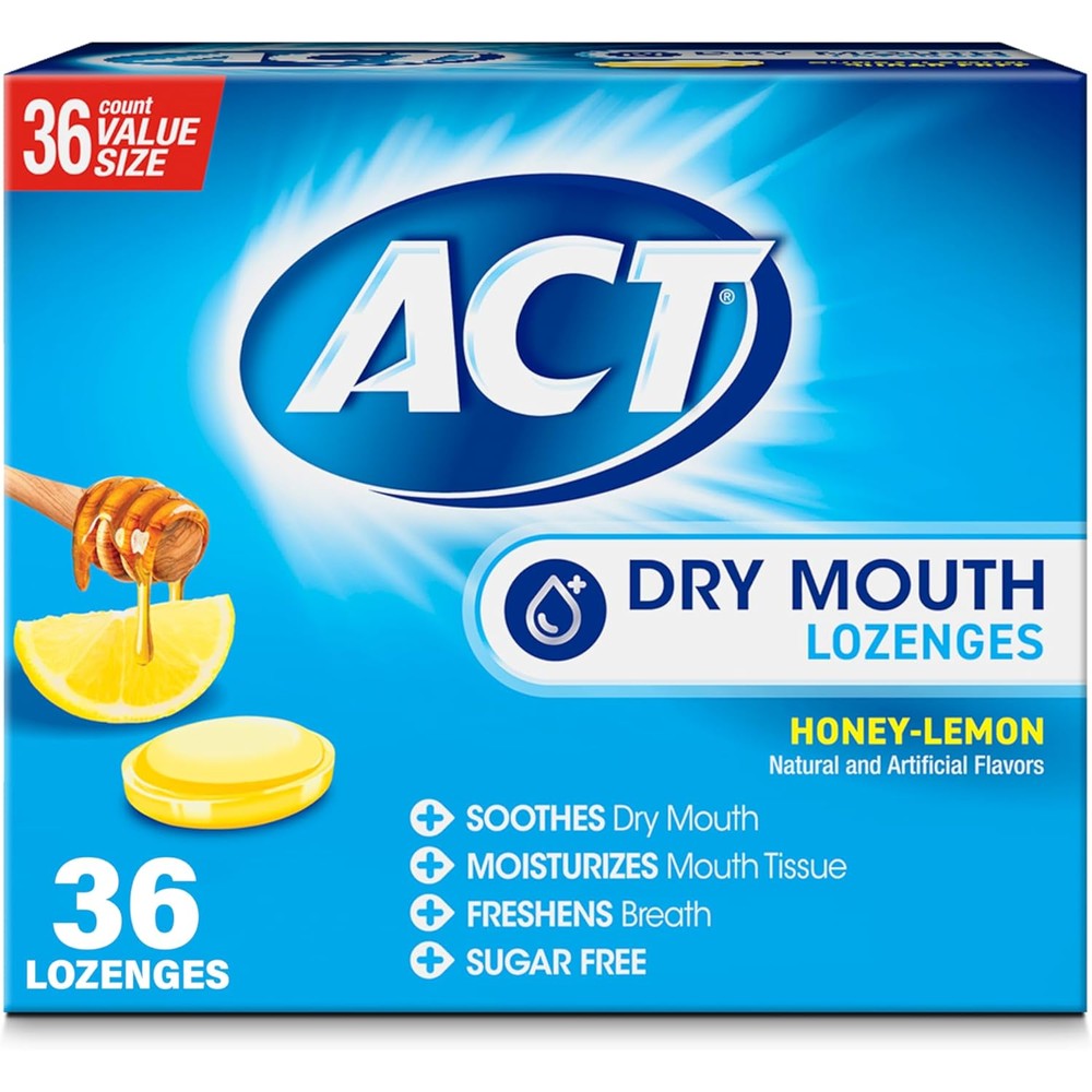 ACT Dry Mouth Lozenges Honey Lemon 36 count front packaging for dry mouth relief.