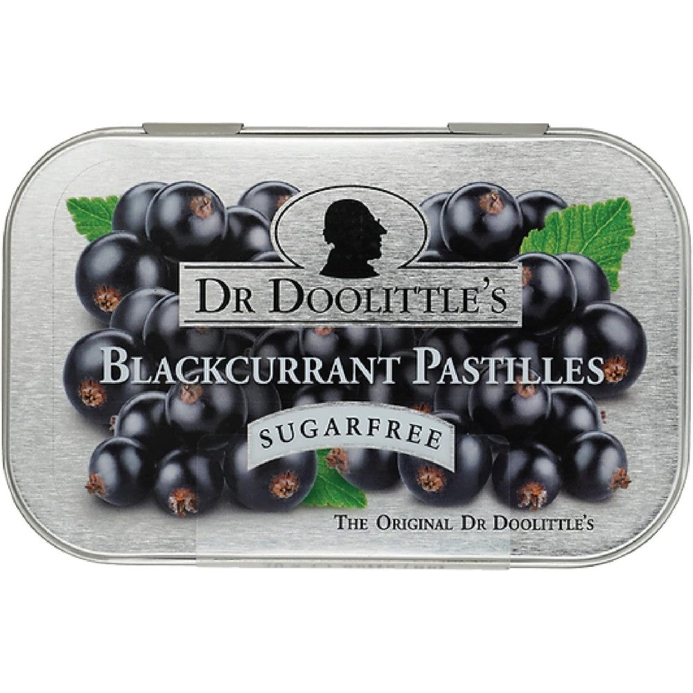 Doolittle Sugar Free Soft Fruit Pastilles Blackcurrant Flavor front view of portable metal tin