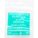 JMU orthodontic elastics front view of pack containing clear latex free dental rubber bands