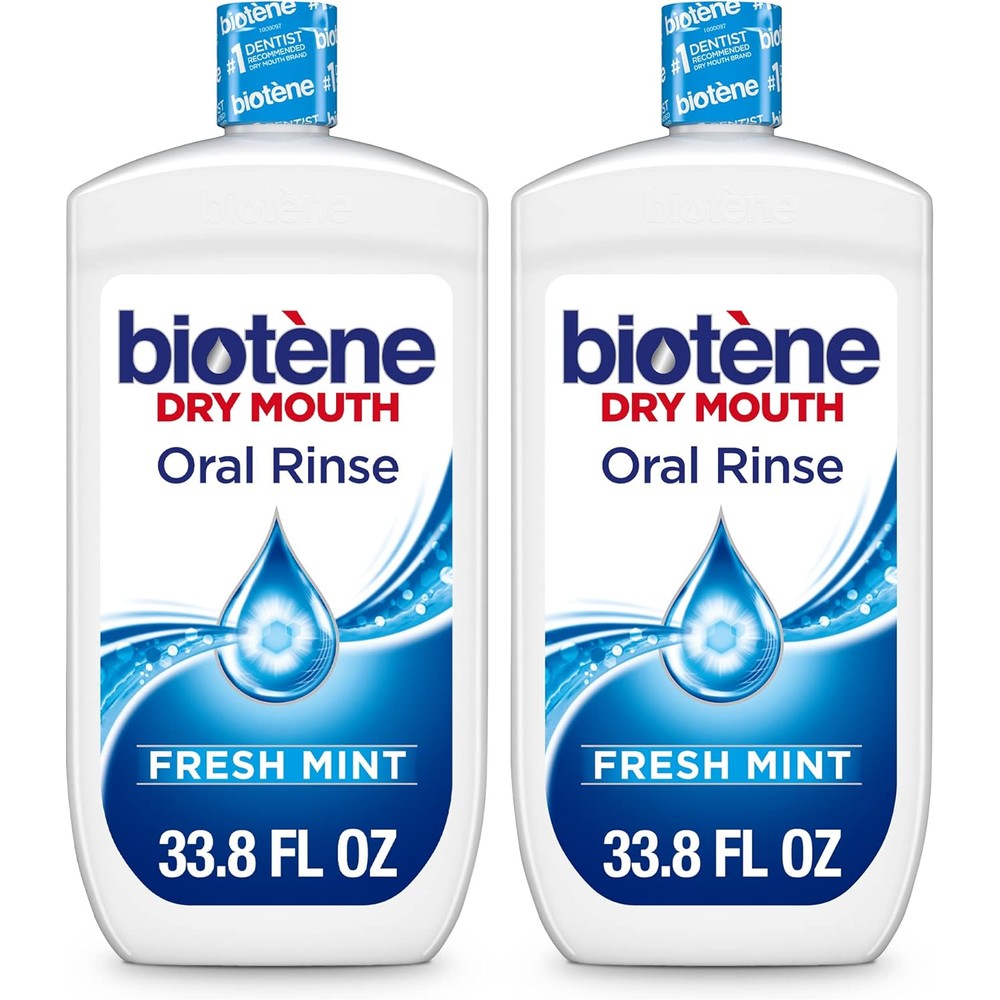 Biotene Dry Mouth Oral Rinse Fresh Mint twin pack front view showcasing product packaging.