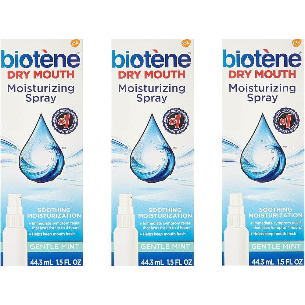 Biotene Gentle Mint Moisturizing Mouth Spray Pack of 3 front view for dry mouth relief.
