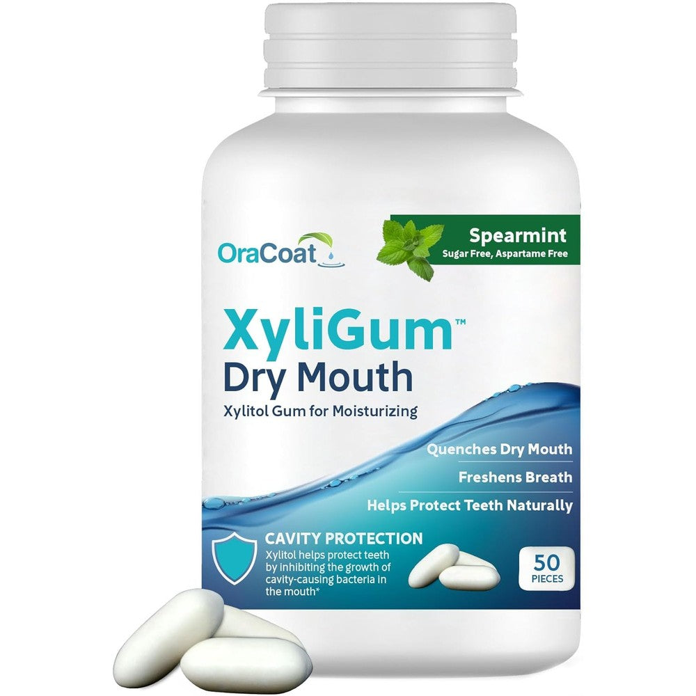 OraCoat XyliGum Dry Mouth Sugar Free Gum 50 piece bottle front view for dry mouth relief.