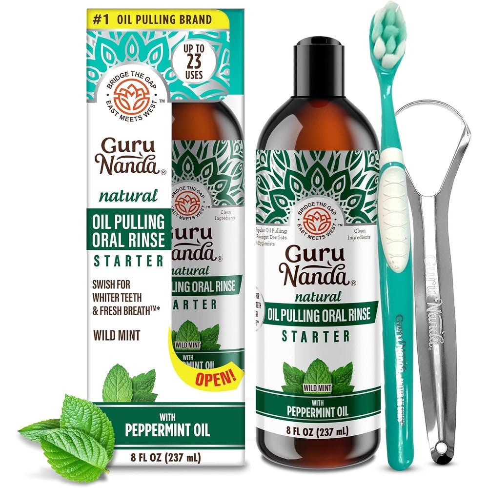 GuruNanda Starter Pulling Oil Mouthwash for Natural Teeth Whitening, Coconut and Peppermint Oil for Fresh Breath & Happy Gums, with Toothbrush & Tongue Scraper, Alcohol-Free, 8 Oz