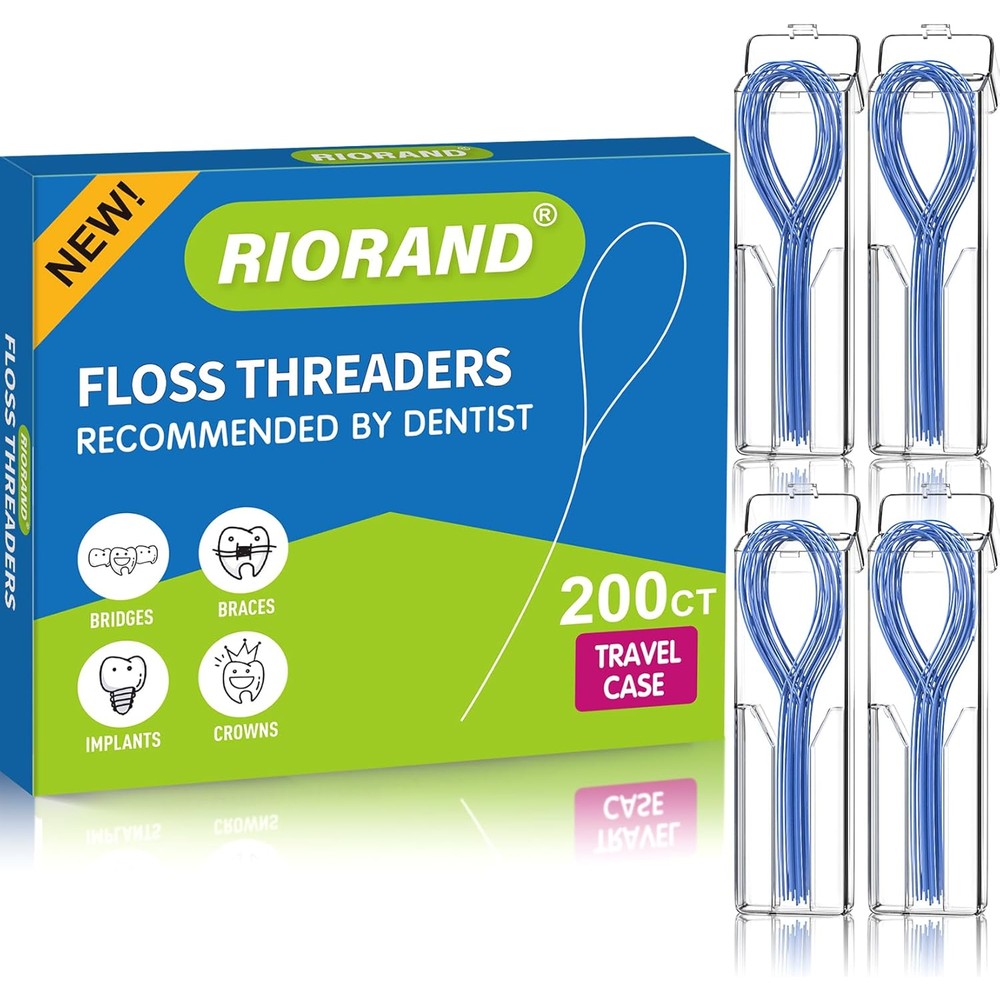 RioRand Floss Threaders 200 count pack front view showcasing authentic dental packaging for braces care.