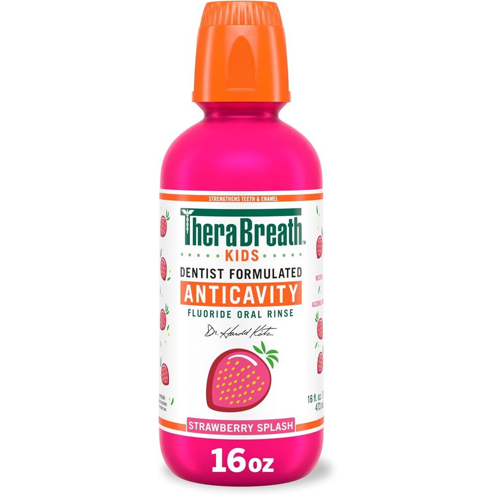 TheraBreath Kids Mouthwash with Fluoride, Organic Strawberry Splash, Anticavity, Dentist Formulated, 16 Fl Oz