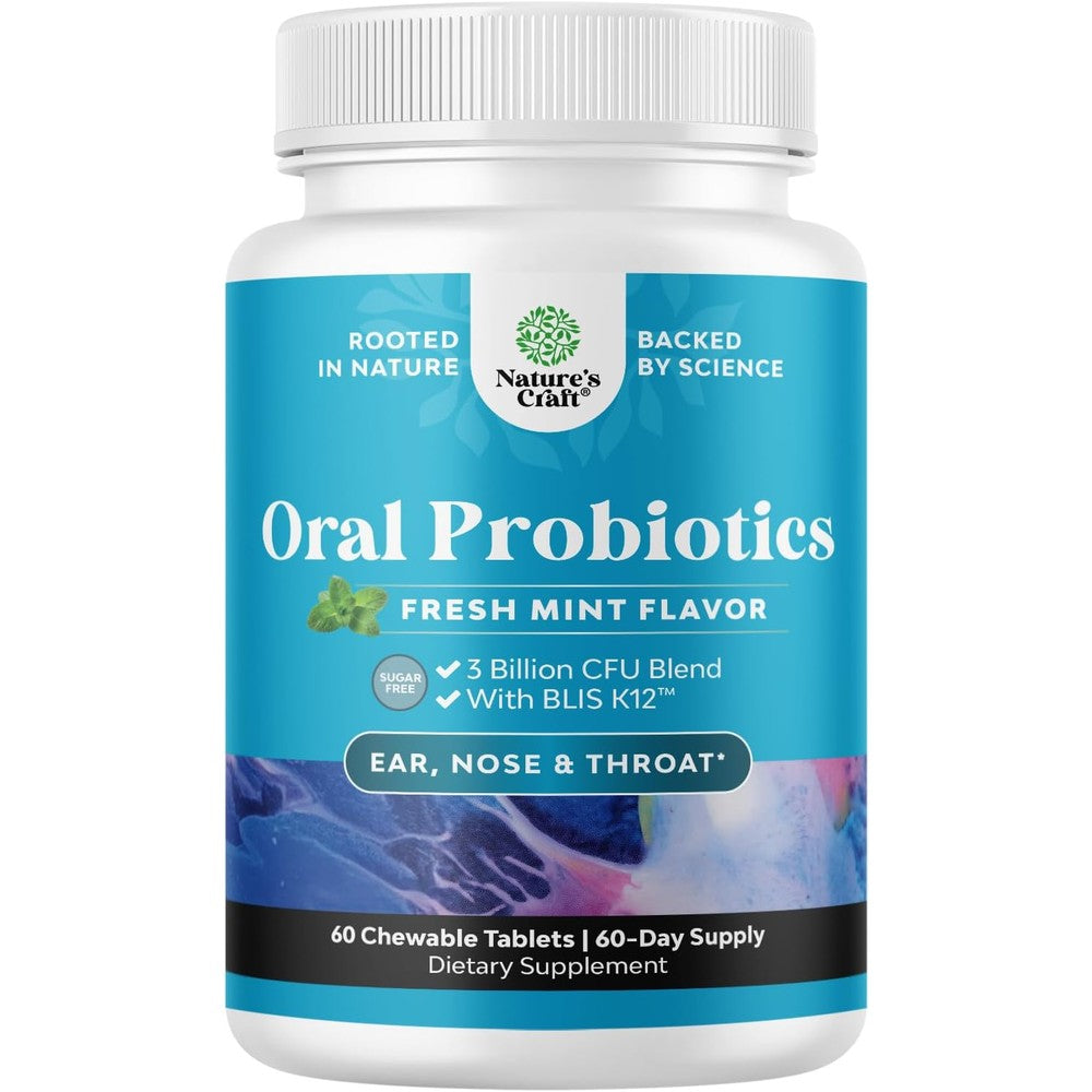 Natures Craft Oral Probiotics front view bottle showcasing 3 Billion CFU for teeth and gums health.