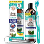 GuruNanda CocoMint Oil Pulling Mouthwash front view of 8 ounce bottle with included tongue scraper