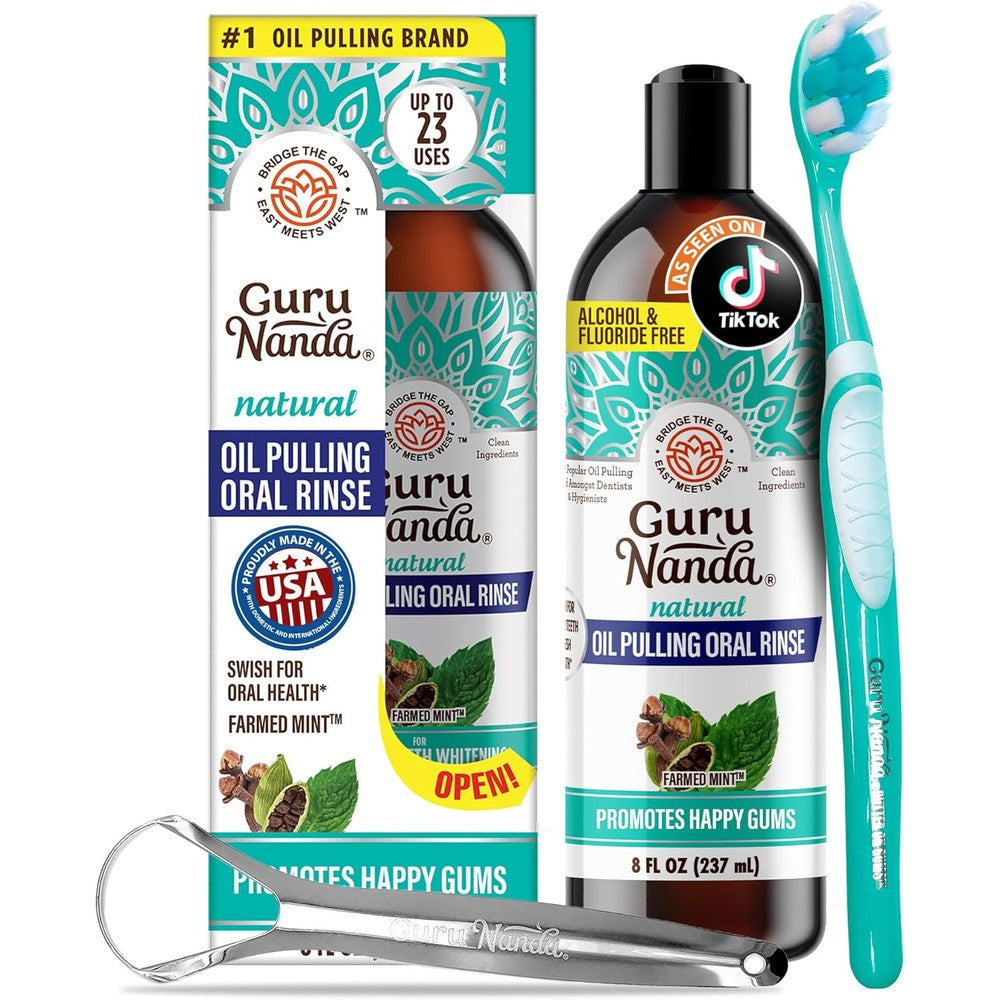 GuruNanda CocoMint Oil Pulling Mouthwash front view of 8 ounce bottle with included tongue scraper