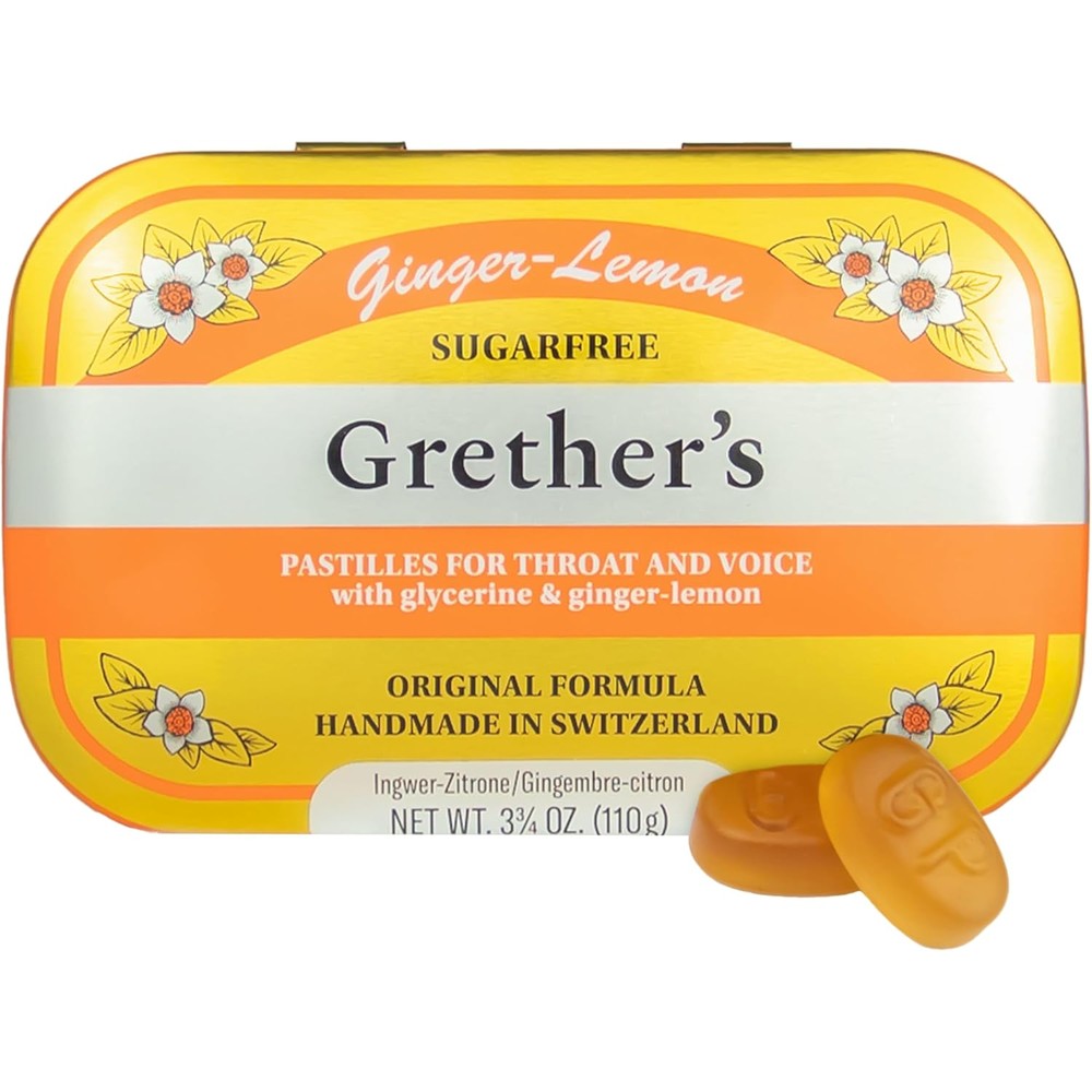 Grether's Sugarfree Ginger Lemon Pastilles 3.75 Ounce front view of the premium metallic collectible tin.