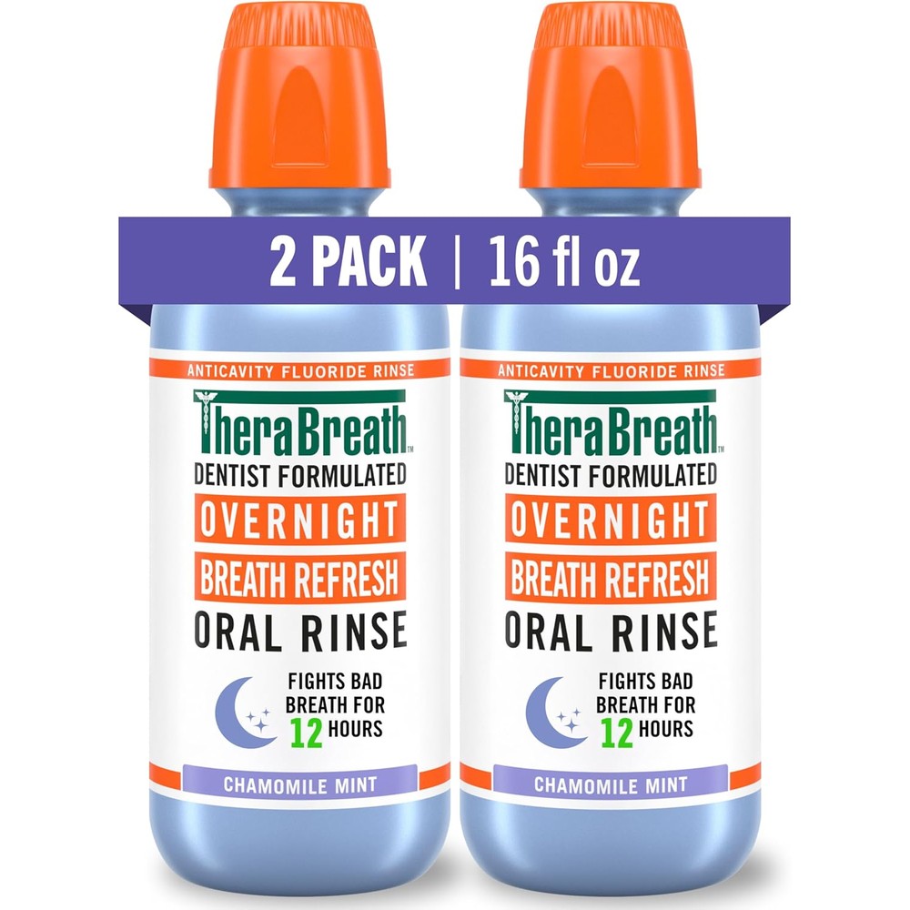 TheraBreath Overnight Mouthwash, Fights Bad Breath for 12 Hours, Chamomile Mint Flavor, Dentist Formulated, Fluoride Rinse, Alcohol Free, 16 fl oz (Pack of 2)
