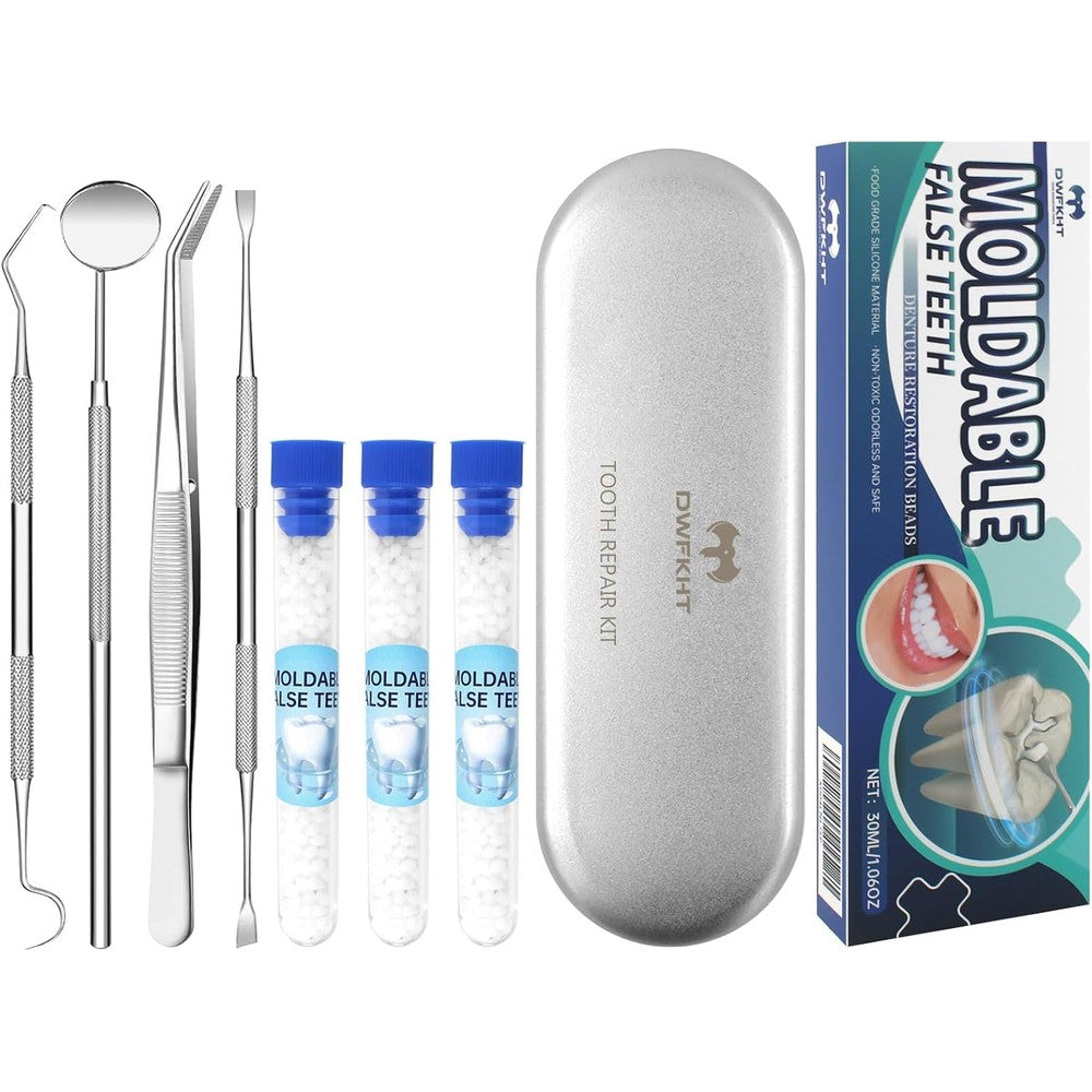 DWFKHT Tooth Repair Kit front packaging view showcasing moldable beads for temporary smile restoration.