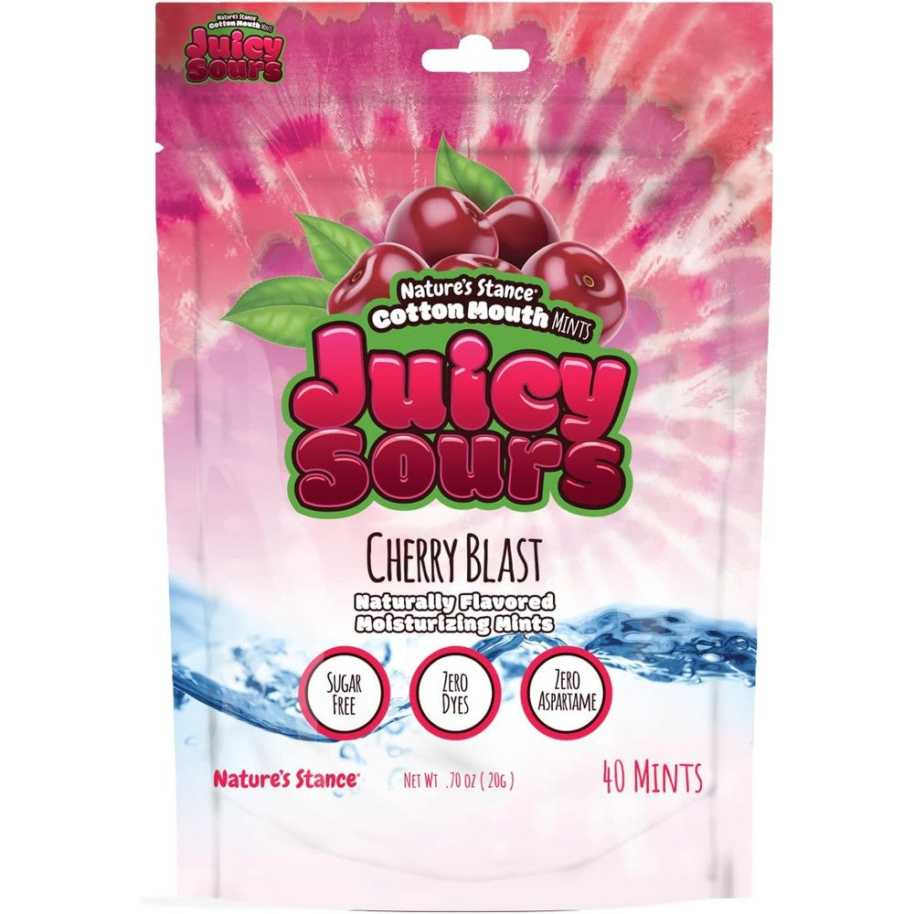 Nature's Stance Cotton Mouth Juicy Sours front packaging for dry mouth relief lozenges