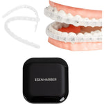 ESENHARBER comfort cover for braces front view showing clear lip protector shield inside a black glossy storage case with a built-in mirror.