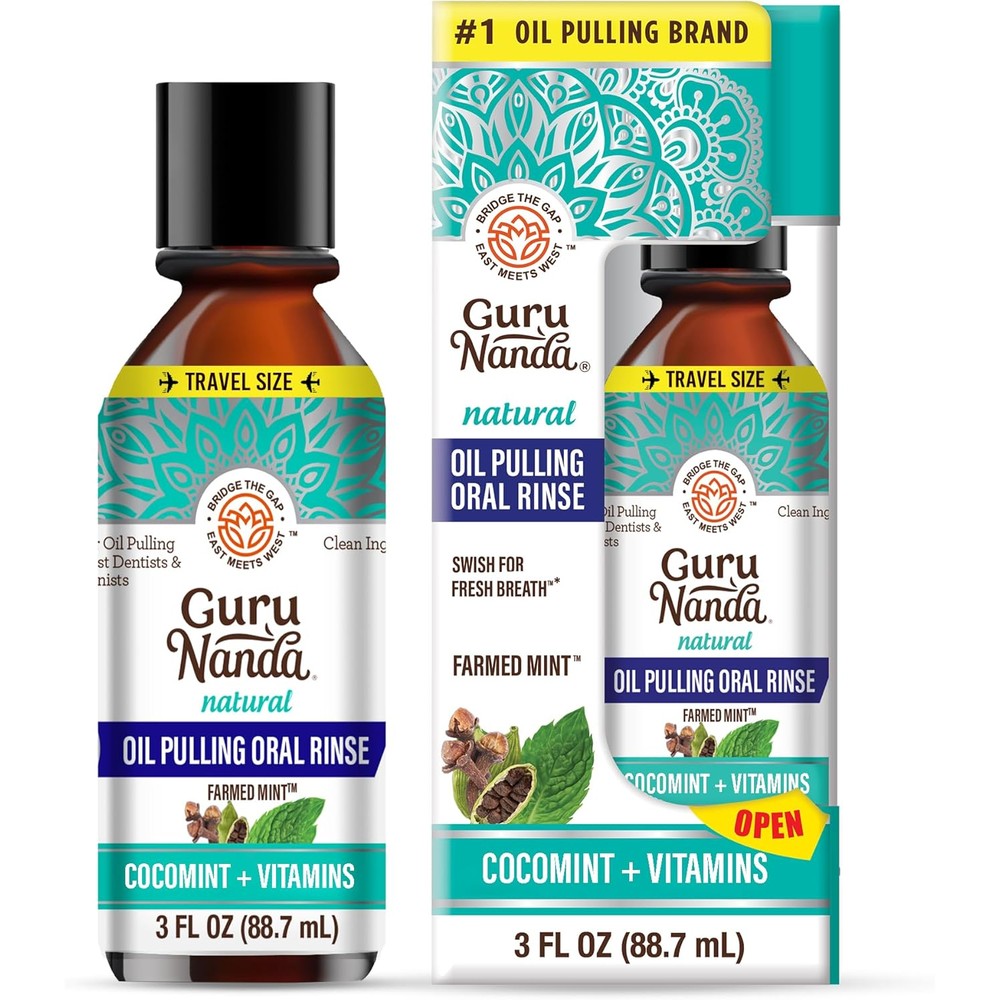 GuruNanda Travel Size CocoMint Oil Pulling Mouthwash, 7 Essential Oils & Vitamins, Promotes Fresh Breath & Happy Gums, No Alcohol & Fluoride, 3 oz