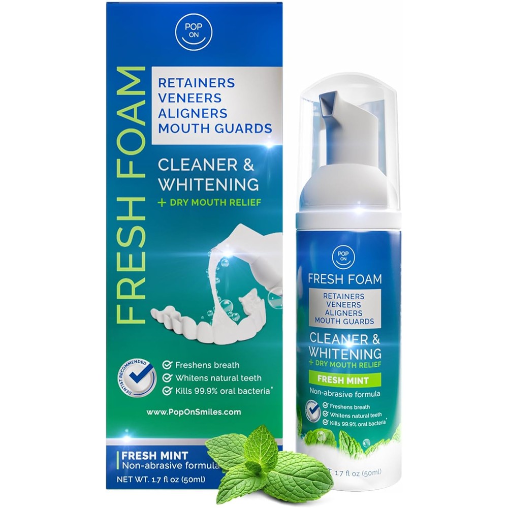 Pop On Veneers Retainer Cleaner Foam fifty milliliters front packaging view for orthodontic aligner care.