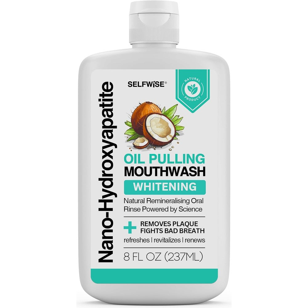 Nano-Hydroxyapatite Oil Pulling Whitening Mouthwash for Teeth and Gums, Natural & Organic, Whitens Teeth, Strengthens Enamel, Fights Bad Breath & Plaque – Smooth & Non-Greasy – for Adults & Kids 8oz