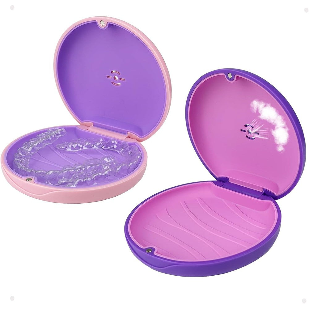 2 Pack Retainer Case,Aligner Case with Vent Holes, Compatible with Invisalign, Mouth Guard Cases，Portable Slim Travel Cute Orthodontic Retainer Cases (Pink Purple)