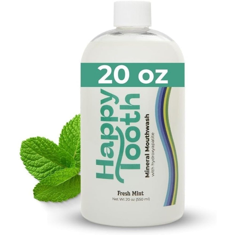 Happy Tooth Hydroxyapatite Mouthwash, Fluoride Free, Teeth Whitening, Remineralizing for Enamel Strength, Fresh Breath, Oral Microbiome Support, Dentist Formulated, Gentle Care, Fresh Mint, 20 Fl Oz