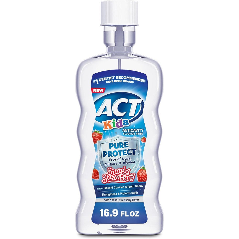 ACT Kids Pure Protect Anticavity Fluoride Rinse, Natural Strawberry Flavor Without Sugar, Free from Dyes & Alcohol, 16.9 fl. oz.