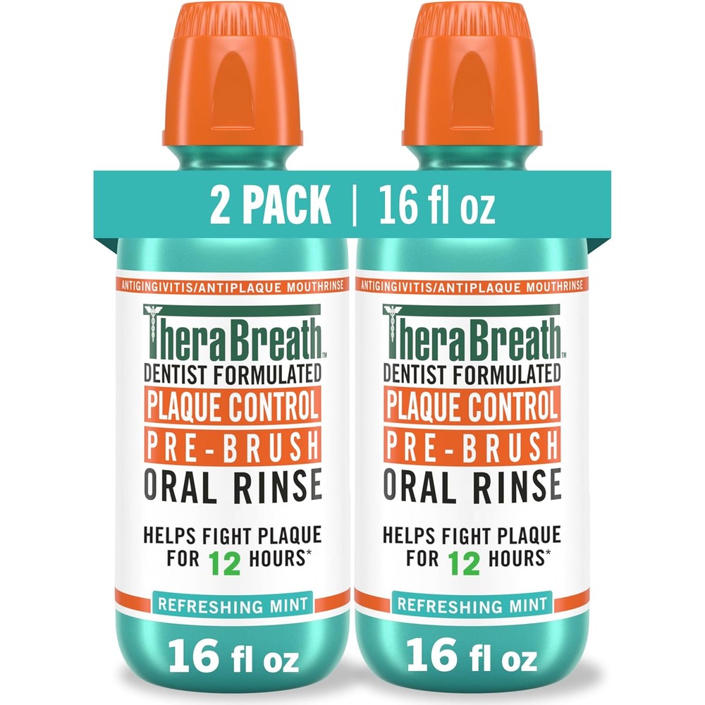 TheraBreath Plaque Control Pre-Brush Oral Rinse front view of two pack imported mouthwash