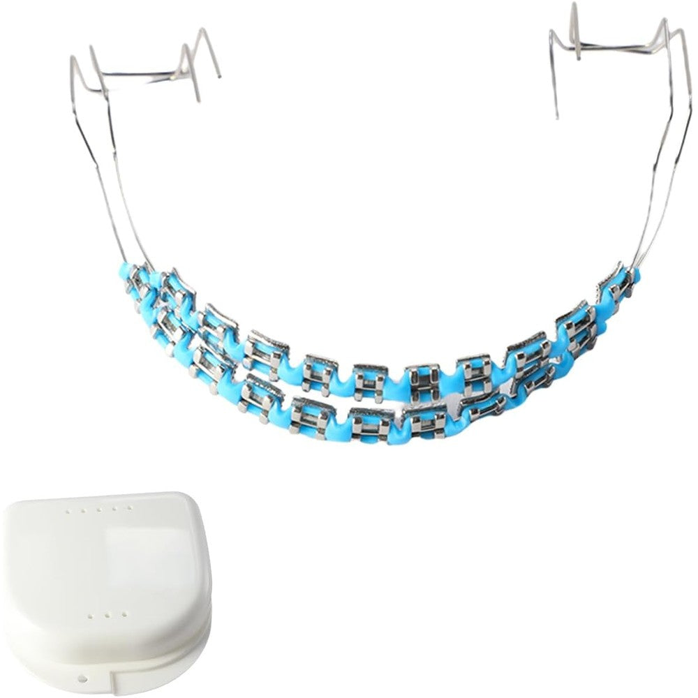 Pluvyze brackets falsos para dientes braces kit front view showing light blue ties and metal wires