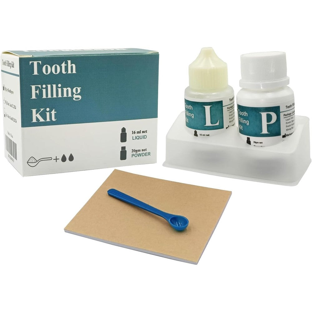 Longkason Zinc Oxide Eugenol Dental Cement Kit front view showcasing the powder bottle and eugenol liquid for emergency tooth repair.