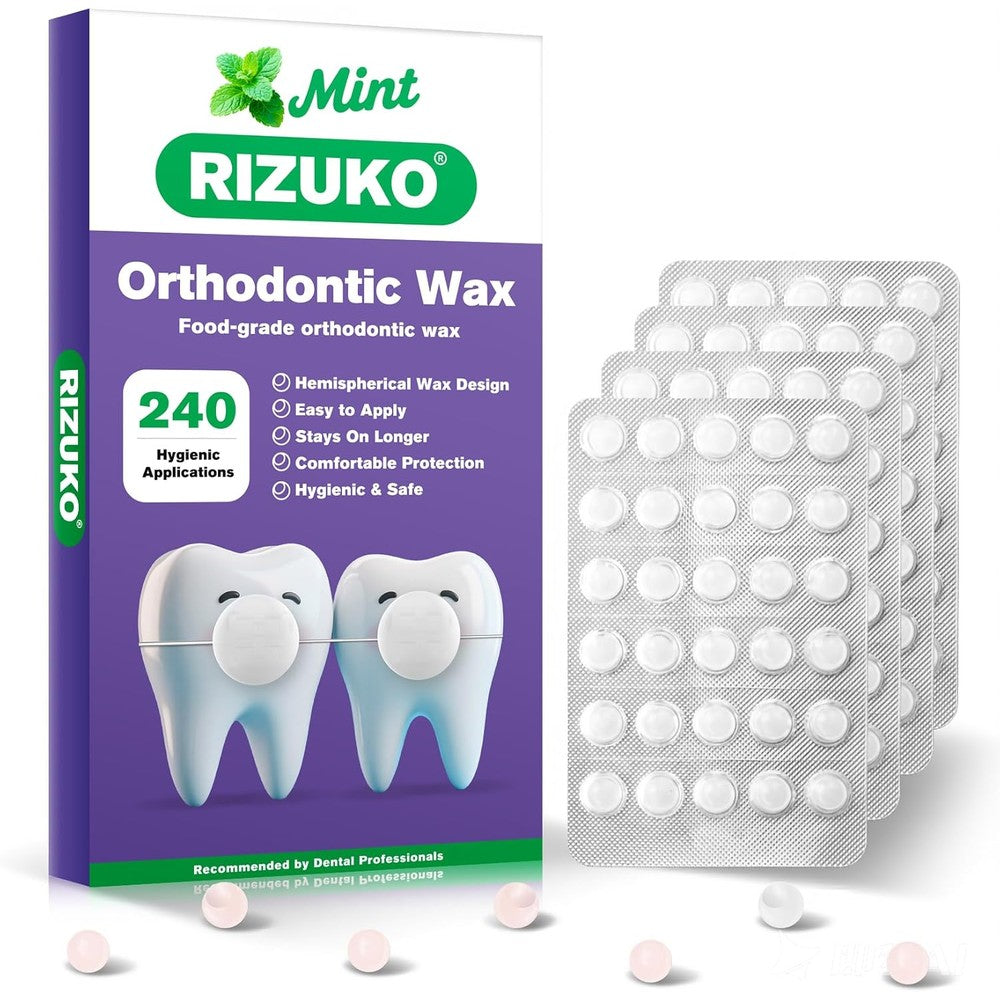 Rizuko Orthodontic Wax for Braces front view box showing 240 dental wax dots