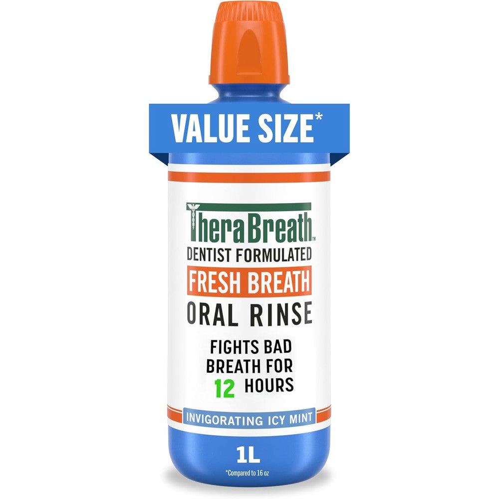TheraBreath Fresh Breath Oral Rinse, Invigorating ICY Mint Flavor, Dentist Formulated and ADA-Accepted Mouthwash for Bad Breath pH-Balanced, Alcohol Free & Non-Burning, 1 Liter