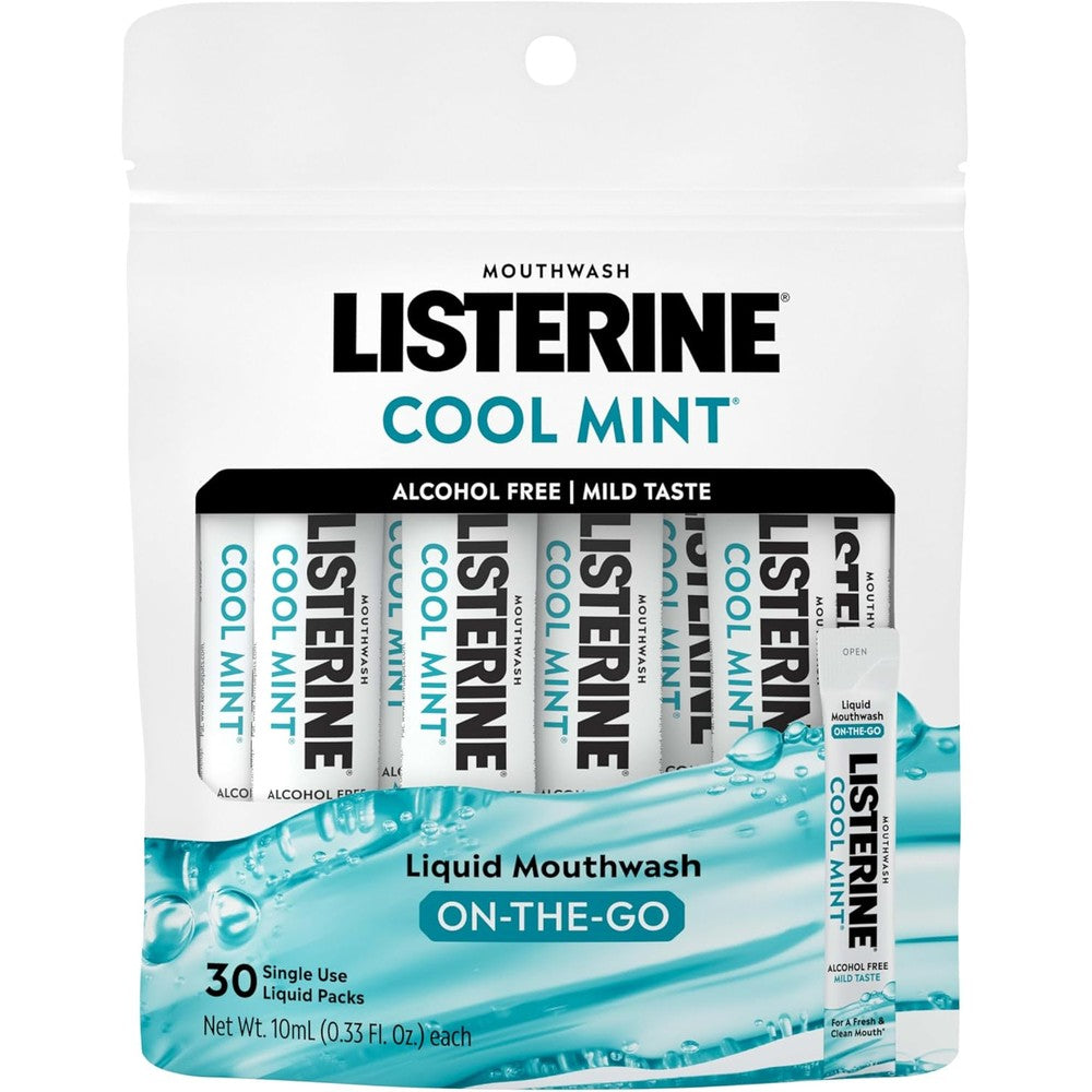 Listerine On-The-Go Cool Mint Alcohol Free Mouthwash Packets, Oral Rinse in Individual Packets Kills Bad Breath Germs, Less Intense Taste, Cool Mint Flavor, Mini Travel Size, 0.33 fl oz., 30 Pack