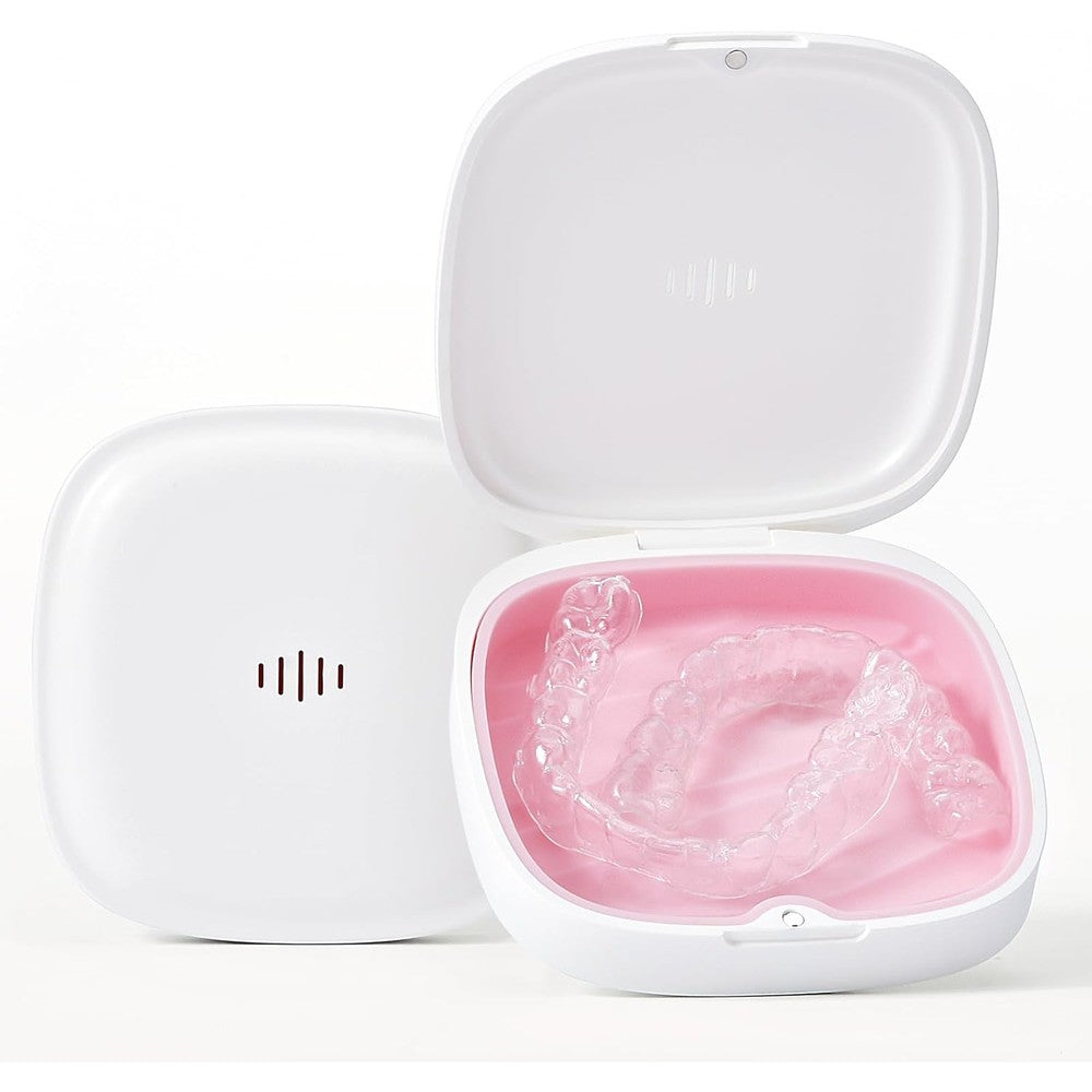 Gaboolo retainer case slim aligner box in white and pink front view