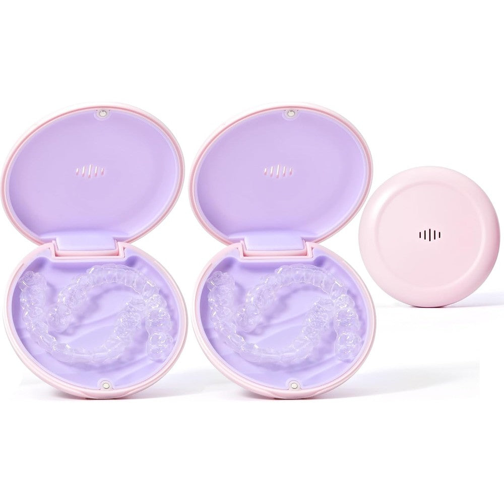 MAKABEE ultra slim aligner case front view showing pink and purple variants