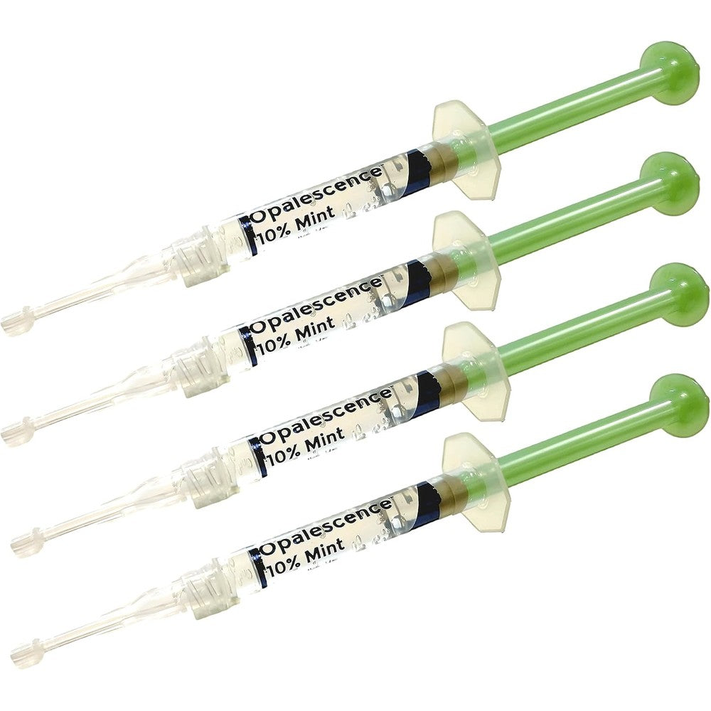 Opalescence 10 percent teeth whitening kit showing the front view of the packaging and four gel syringes.