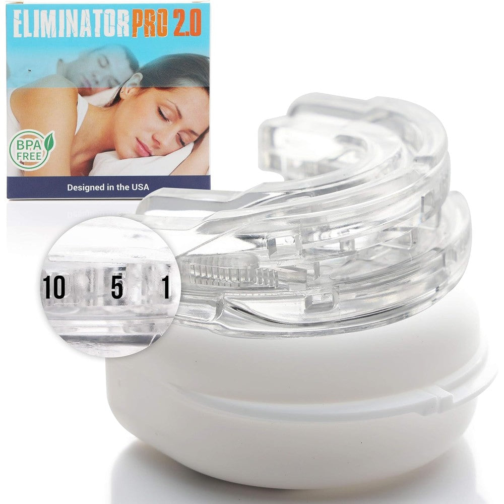 Eliminator Pro 2.0 Nighttime Dental Mouthguard front view showing adjustable settings