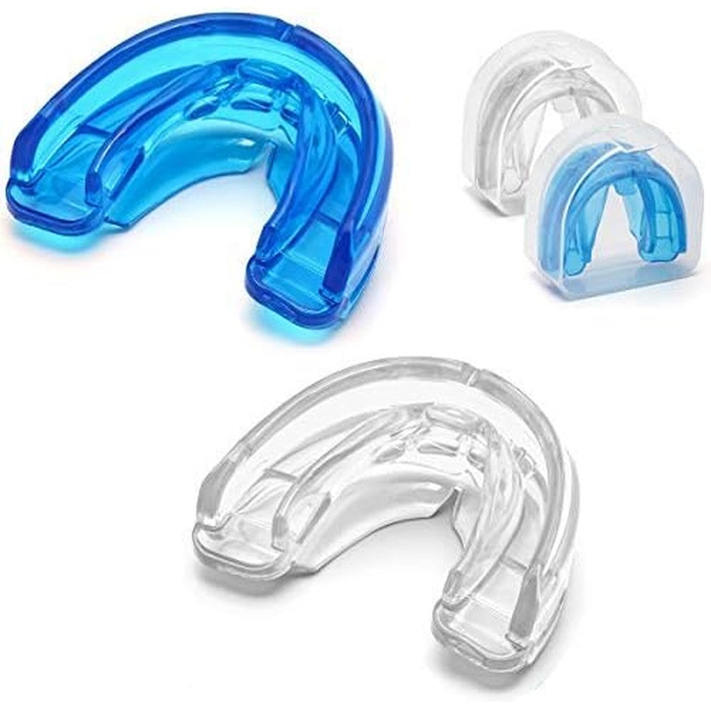 Coolrunner Double Braces Mouth Guard blue and transparent front view for orthodontic protection.