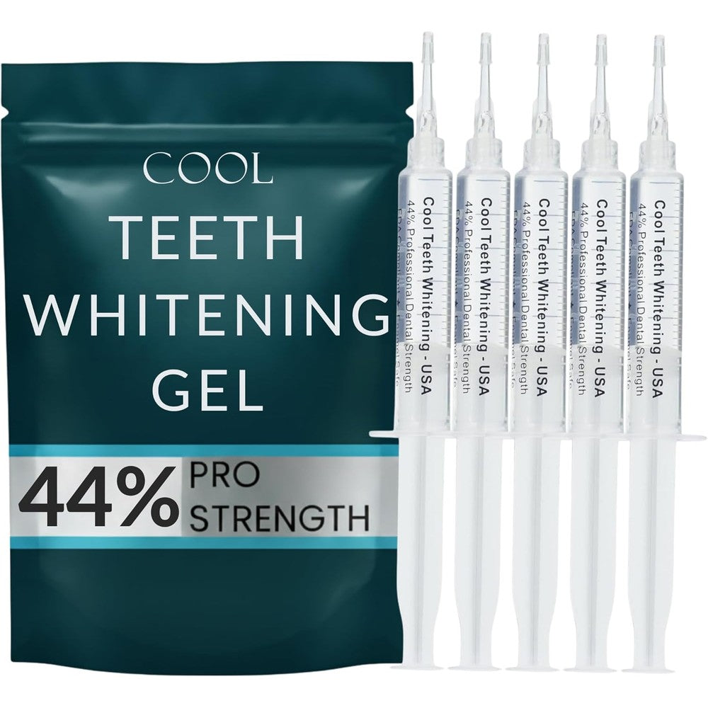 Cool Teeth Whitening 44 percent carbamide peroxide gel kit front view showing five syringes and two mouth trays