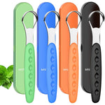 Sestball tongue scraper cleaner set front view showing four stainless steel metal tongue brushes for fresh breath.