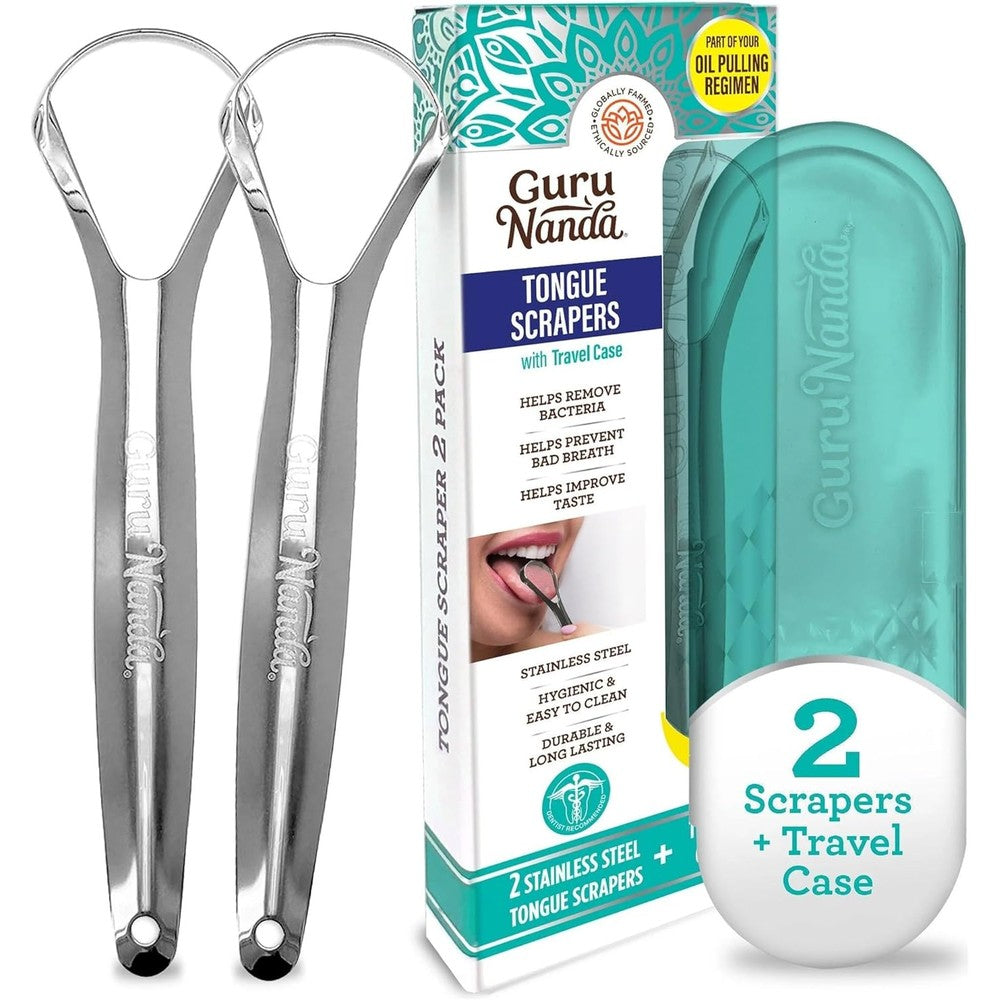 GuruNanda stainless steel tongue scraper front view of two pack set with blue travel case