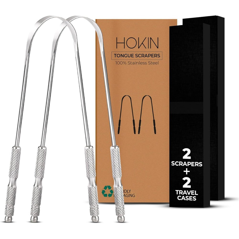 HOKIN stainless steel tongue scraper front view premium oral care pack