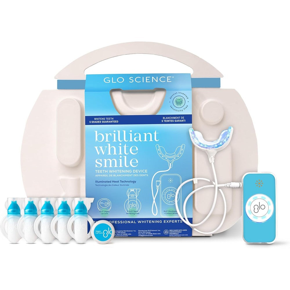 GLO Science — GLO Brilliant Advanced White Smile — Teeth Whitening Device Kit w/Patented Illuminating Heat Warming Mouthpiece and LED Light Technology — Designed for Sensitive Teeth, Blue Device