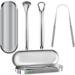 EcoEarth stainless steel tongue scraper front view of three piece oral hygiene kit.