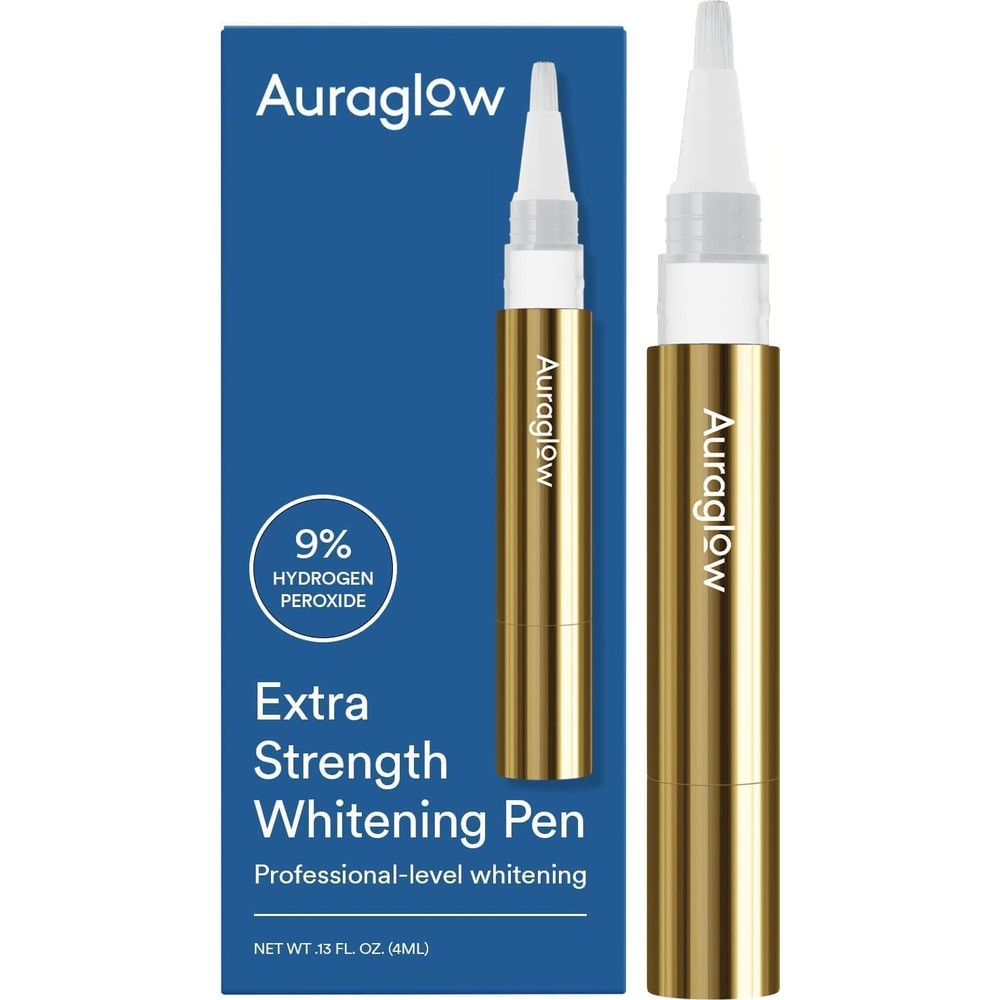 Auraglow Extra Strength Teeth Whitening Pen front view showing the 4 milliliter sleek tube packaging.