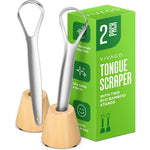 VIVAGO tongue scraper two pack set with stainless steel cleaners and bamboo holder front view