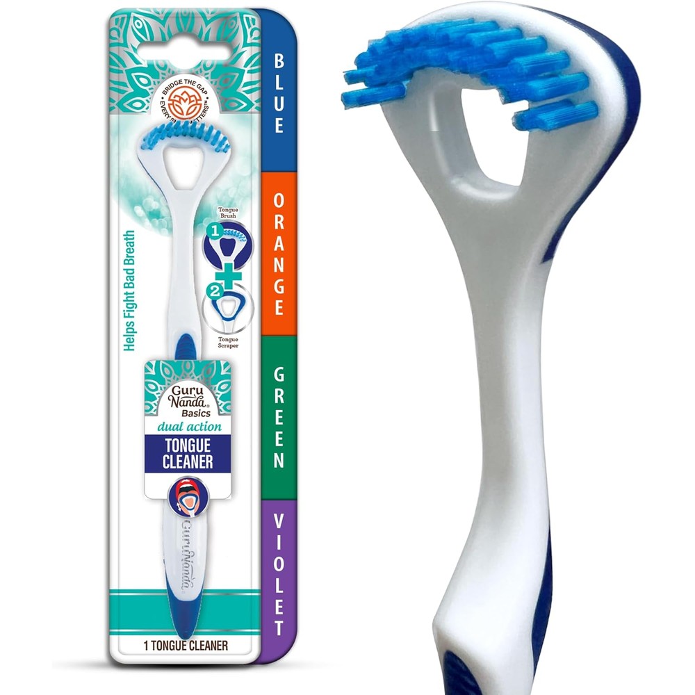 GuruNanda Dual Action Tongue Scraper front view showcasing the blue and white ergonomic handle