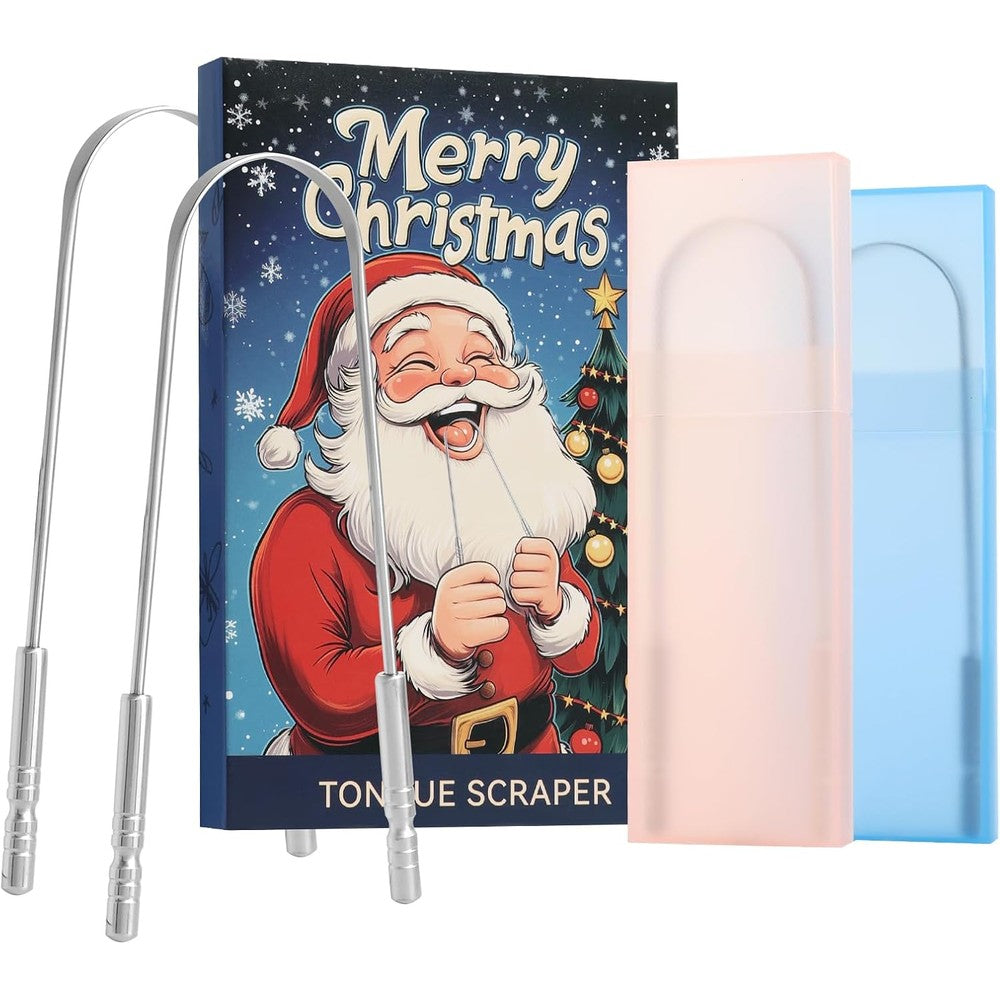 Yimicoo stainless steel tongue scraper set front view showing two metallic cleaners for bad breath relief.