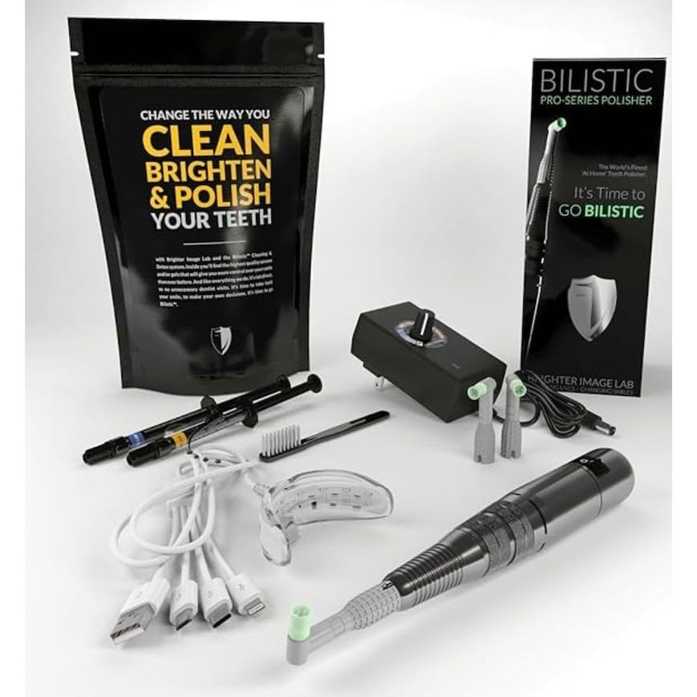 Bilistic Pro-Series Tooth Polisher and Teeth Whitening Power Pack LED Light | Professional at-Home Polisher with Corded Handpiece and Detox Serum | Brighter Image Lab