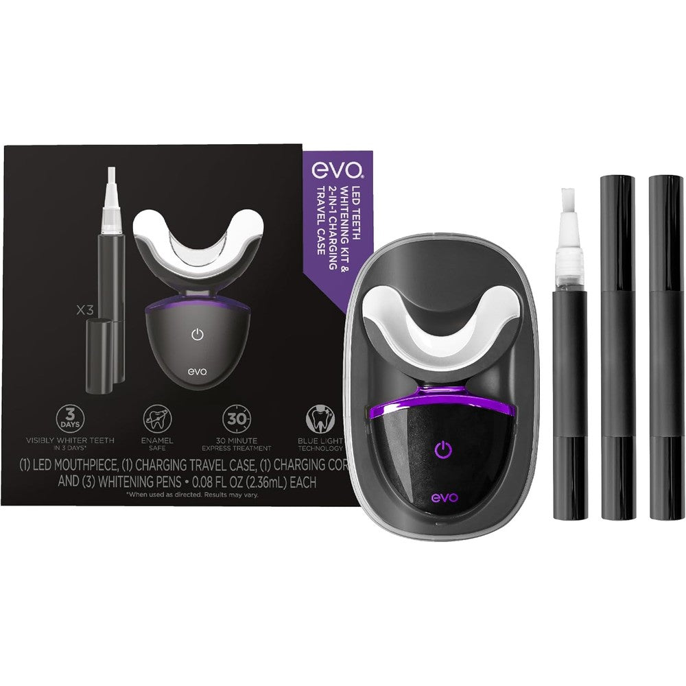 EVO LED Light Teeth Whitening Kit with Blue Light Mouthpiece, Enamel Safe Stain Remover, Charging Travel Case, Includes 3 Whitening Pens, 30-Minute Treatments