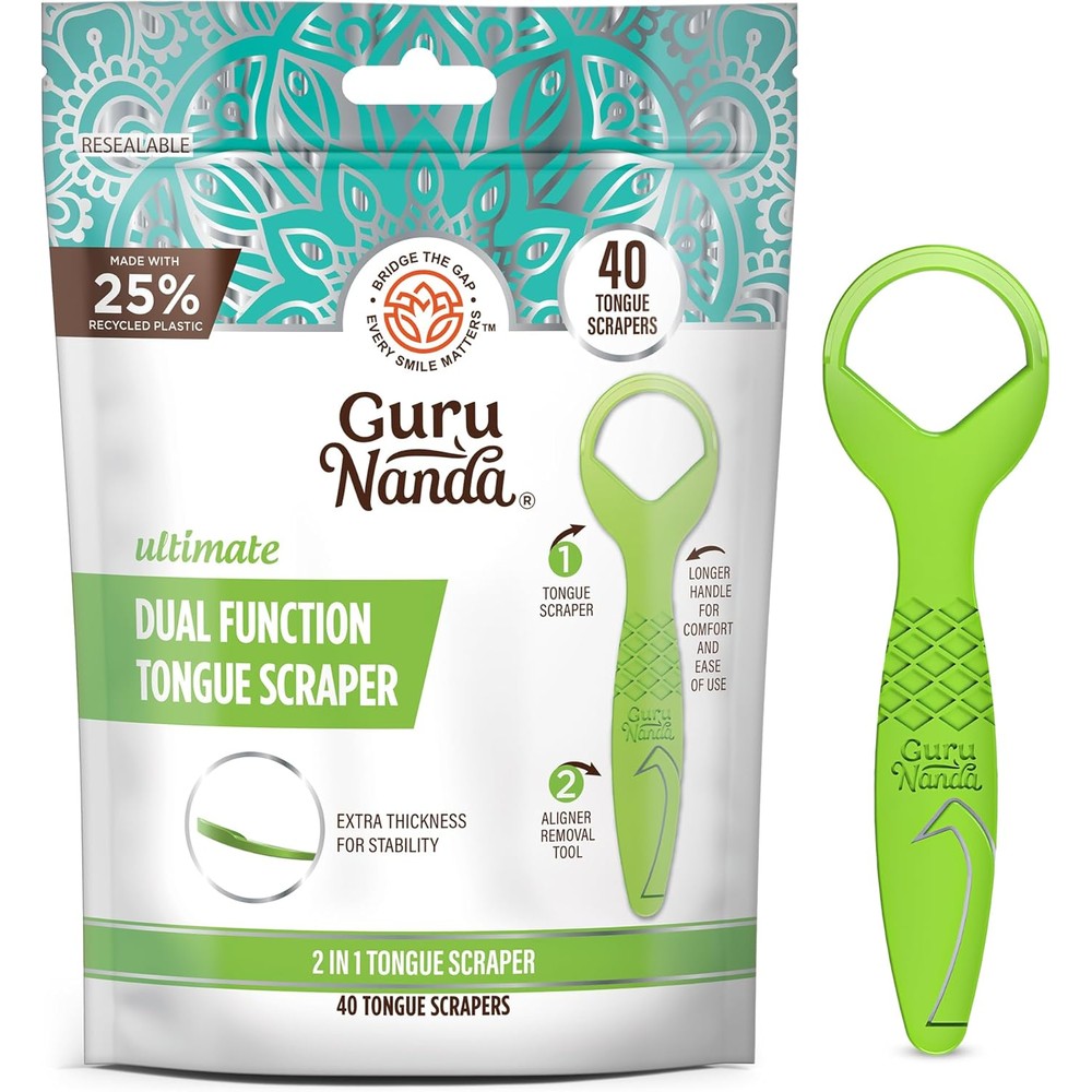 GuruNanda dual function tongue scraper and aligner removal tool front view pack of forty