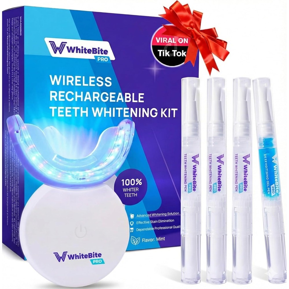 Whitebite Pro Teeth Whitening Kit front view with dual LED light and whitening gel syringes.